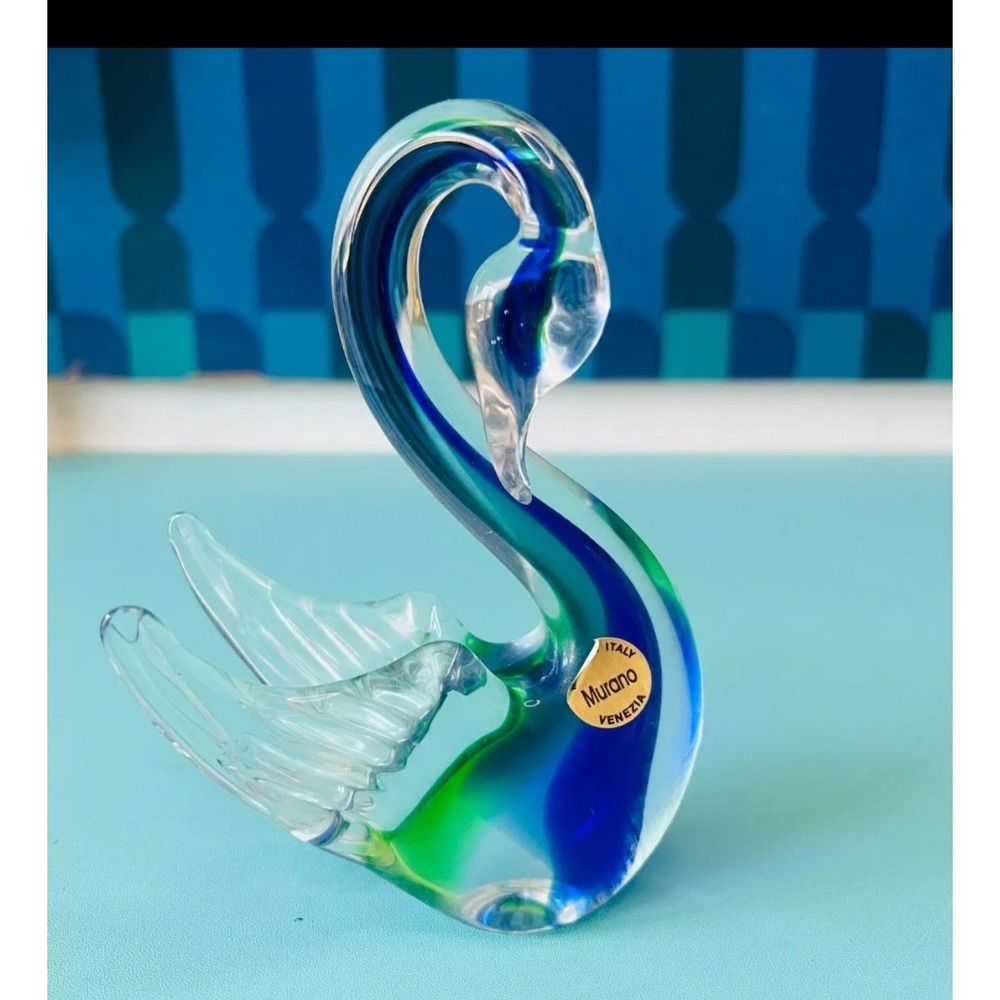 Murano Venezia Art Glass Swan Figurine Blue Green Sommerso Italian Sculpture